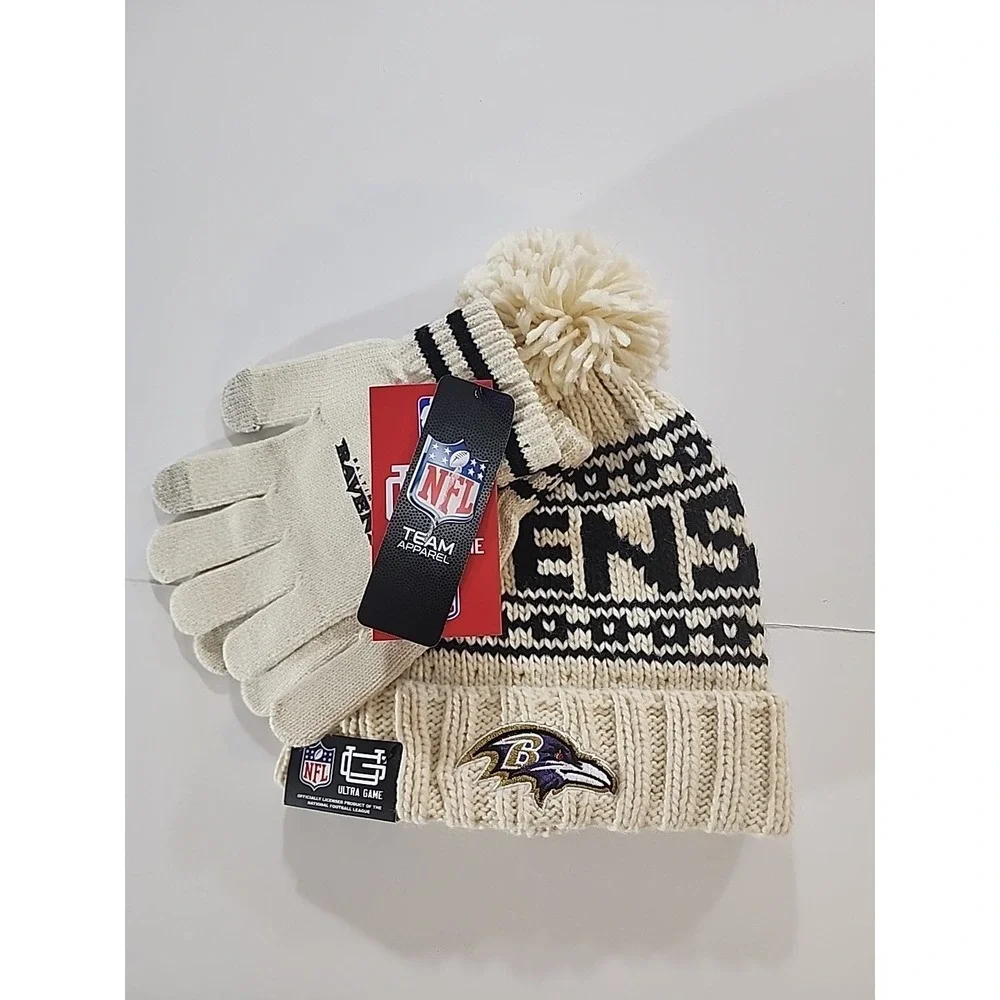Baltimore Ravens Team Apparel Knit Beanie‎ & Gloves Set Cream NWT
